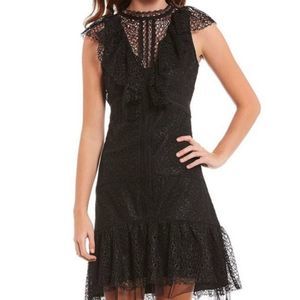Gianni Bini 8 Black Lace High neck Illusion Ruffle Dress